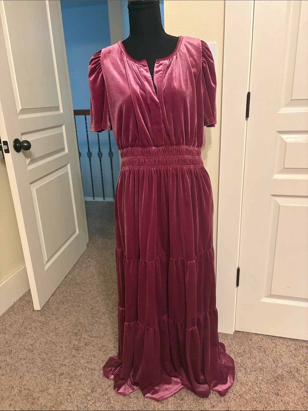 FLATTERING Smocked Waist Velvet Maxi Dress in Dusty Rose